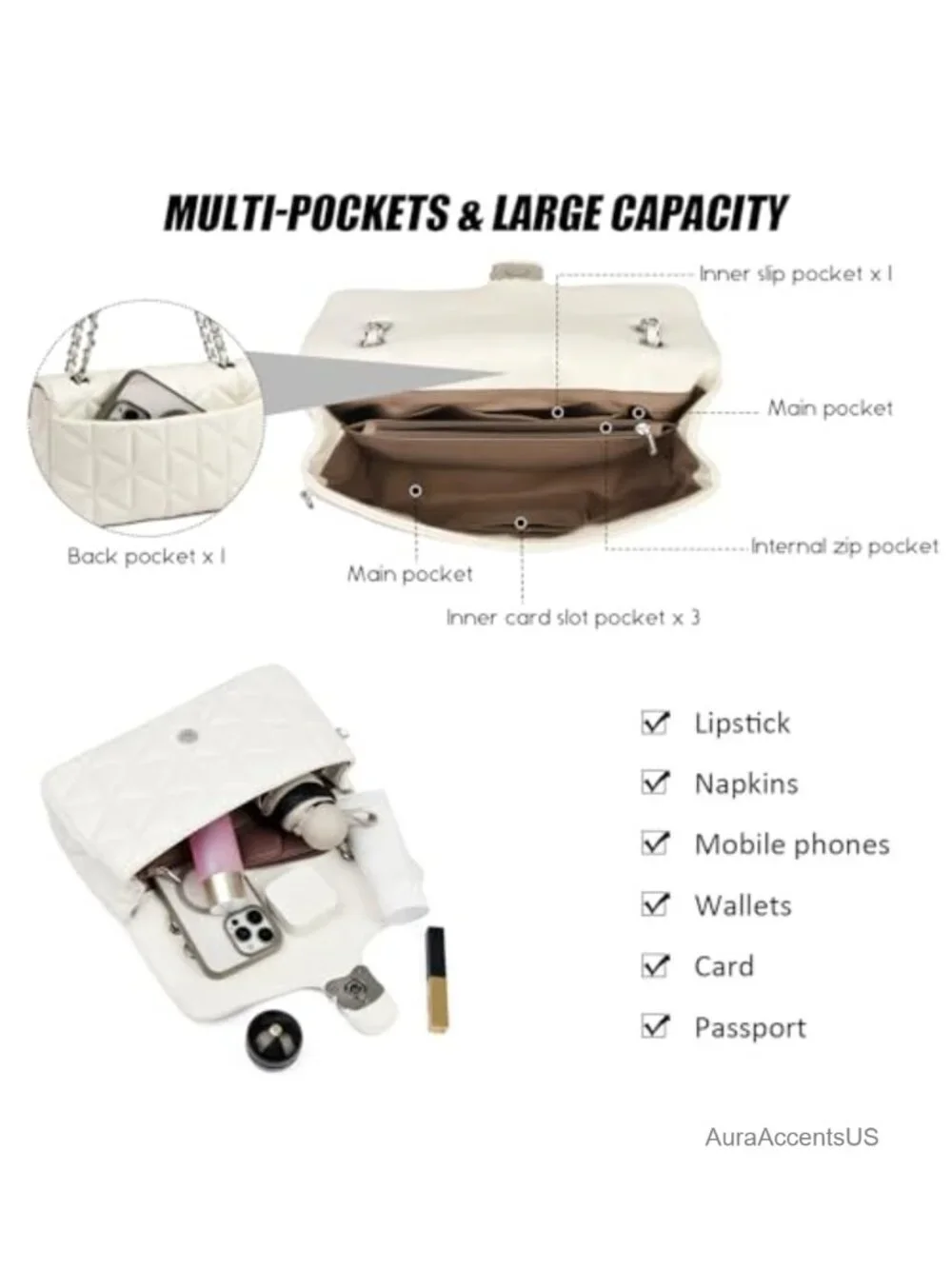 Quilted Vegan Leather Crossbody Bag with Chain Strap and Pendant Charm